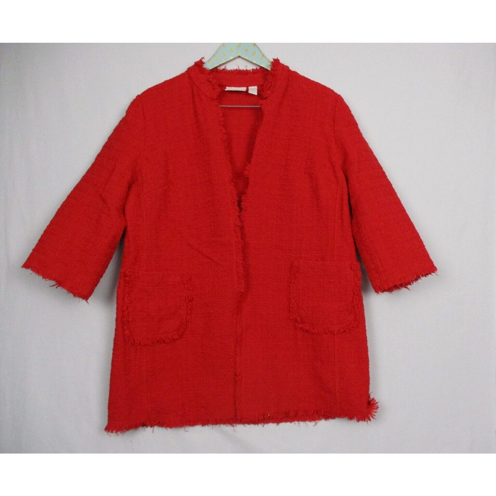 Chicos 3 PETITE Tweed Cardigan Jacket Blazer Open Red Pockets Career Casual XL